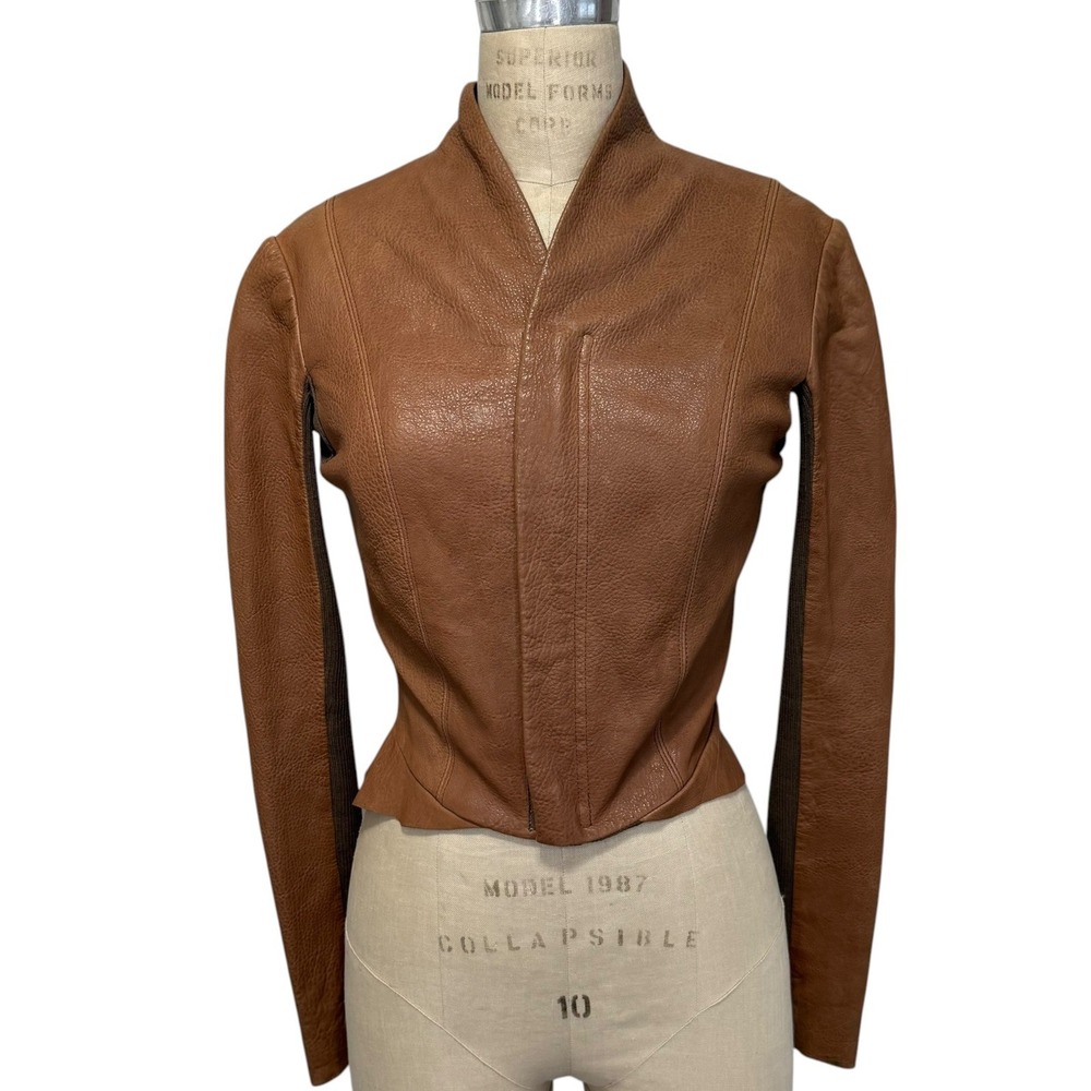 Veda Pebbled Leather Jacket Womens Tan Brown Hourglass Structured Damaged Lining